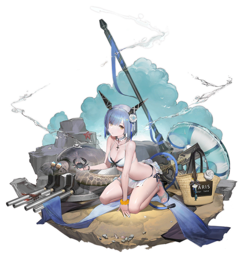 1girl, azur_lane, bangs, bare_shoulders, barefoot_sandals, bikini, blue_hair, crab, cross, cross_necklace, flower, gascogne_(azur_lane), gascogne_(beach_adaptive_armor)_(azur_lane), hair_flower, hair_ornament, headgear, highres, jewelry, kneeling, liduke, neck_ribbon, necklace, official_art, ribbon, shiny, shiny_skin, short_hair, solo, swimsuit, thighs, transparent_background, turtle, wet, wet_clothes, wet_swimsuit, white_bikini, wrist_ribbon, yellow_eyes