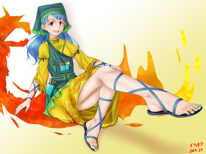 1girl, ankle_lace-up, apron, blue_hair, cross-laced_footwear, dress, feet, green_apron