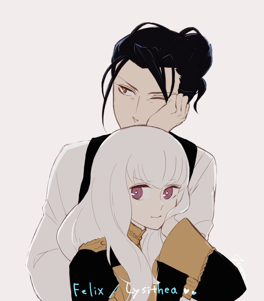 1boy, 1girl, black_hair, brown_eyes, character_name, closed_mouth, felix_hugo_fraldarius, fire_emblem