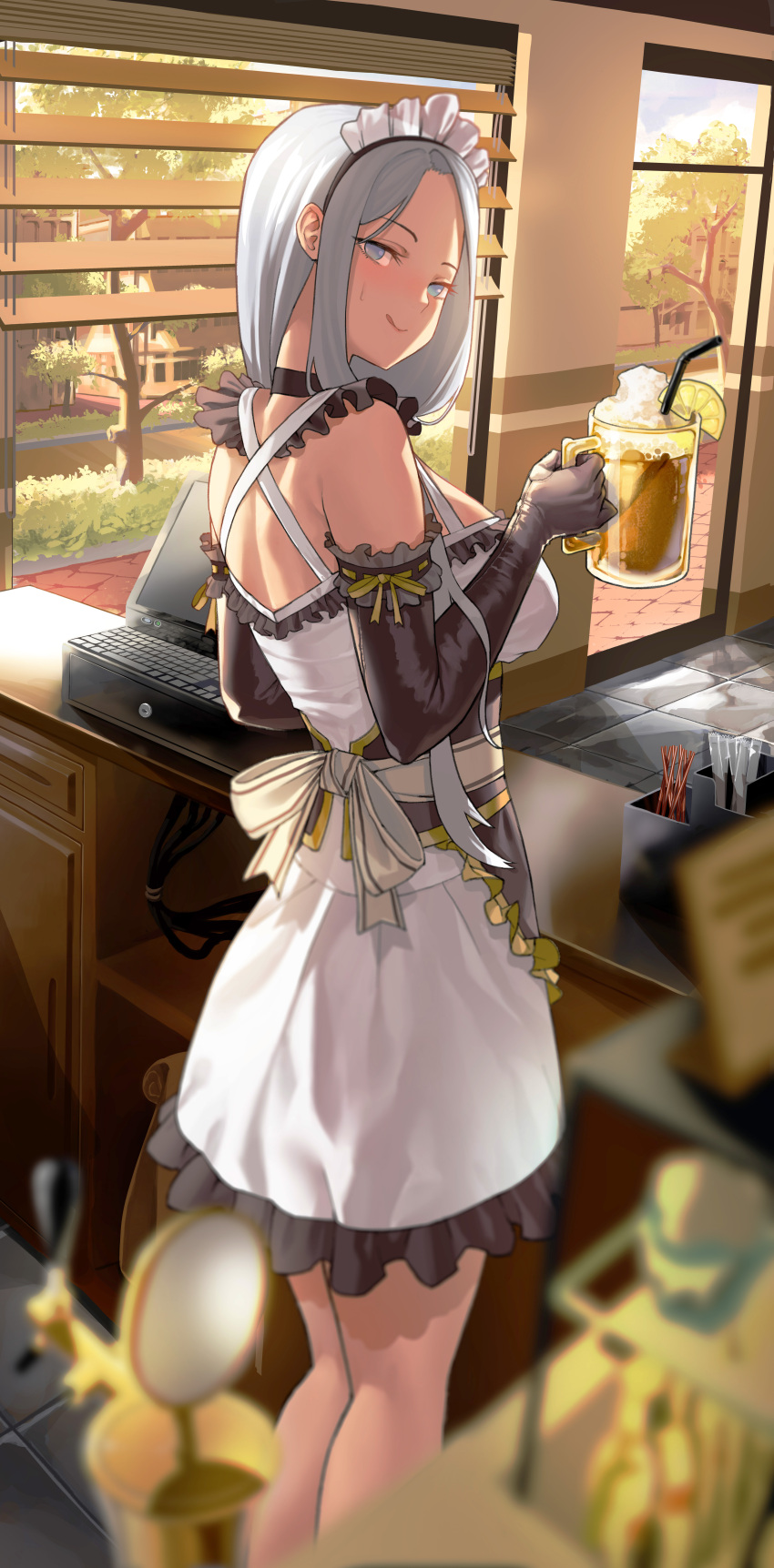 1girl, :q, absurdres, alcohol, back, bare_shoulders, beer, beer_mug