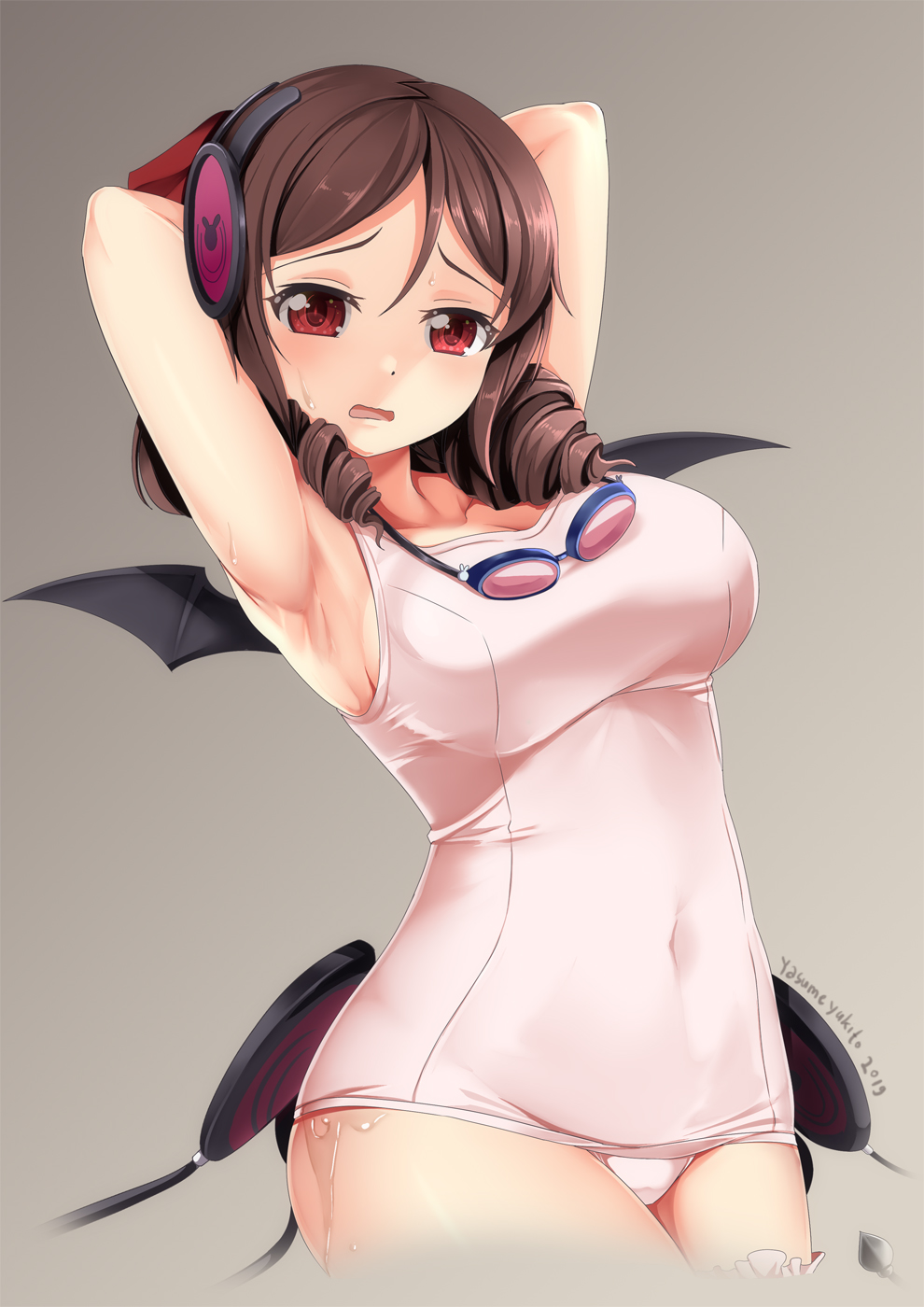 1girl, alternate_color_school_swimsuit, armpits, arms_up, bangs, bat_wings, blush, bow, breasts, brown_hair, commentary_request, cosplay, covered_navel, drill_hair, goggles, goggles_around_neck, hair_bow, harukaze_(kantai_collection), headphones, highres, kantai_collection, large_breasts, looking_at_viewer, mahou_shoujo_ikusei_keikaku, open_mouth, pink_swimsuit, red_bow, red_eyes, school_swimsuit, short_hair, solo, swim_swim, swim_swim_(cosplay), swimsuit, twin_drills, wings, yasume_yukito