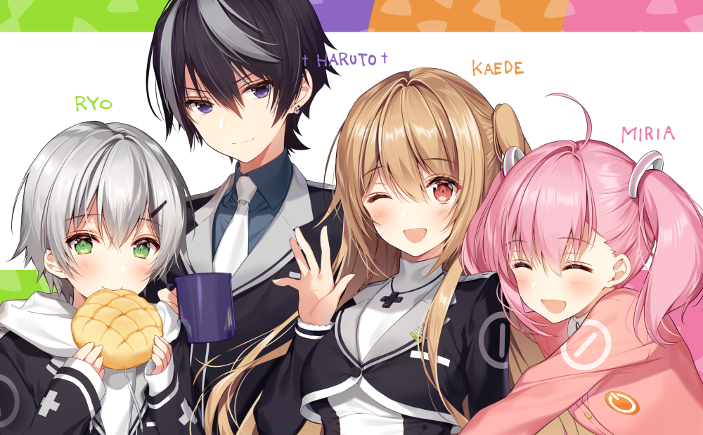 2boys, 2girls, :d, ;d, ^_^, ahoge, androgynous, black_hair