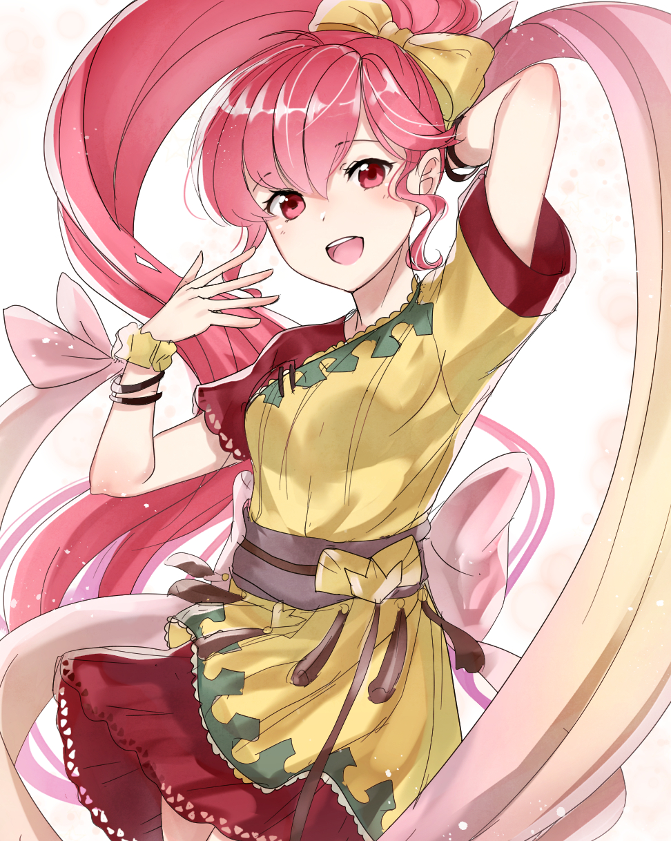 1girl, :d, arm_up, bangs, bow, breasts, dress, eyebrows_visible_through_hair