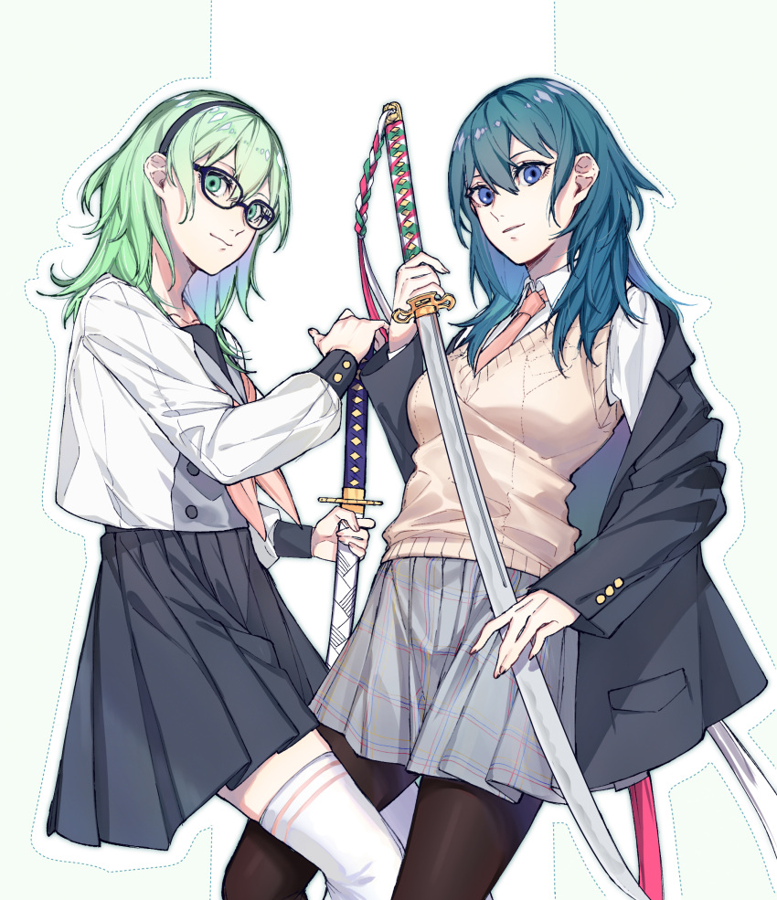 1girl, absurdres, black_hairband, blue_eyes, blue_hair, byleth_(fire_emblem), byleth_eisner_(female), closed_mouth, clovisxvii, dual_persona, female_my_unit_(fire_emblem:_three_houses), fire_emblem, fire_emblem:_three_houses, fire_emblem:_three_houses, fire_emblem_heroes, glasses, green_eyes, green_hair, hairband, highres, holding, holding_sword, holding_weapon, intelligent_systems, katana, koei_tecmo, long_sleeves, medium_hair, multiple_girls, my_unit_(fire_emblem:_three_houses), necktie, nintendo, pantyhose, simple_background, skirt, super_smash_bros., sword, thigh-highs, weapon, white_legwear