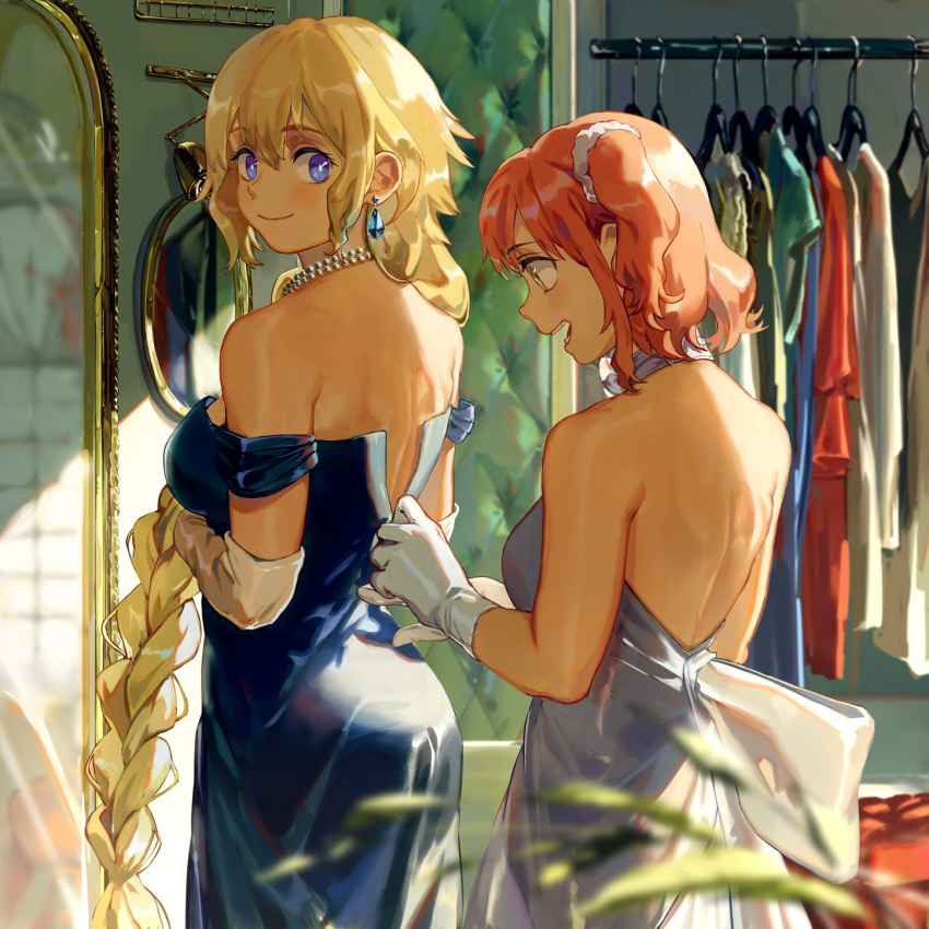 2girls, a-1_pictures, backless_dress, backless_outfit, bangs, bare_shoulders, blonde_hair, blue_dress, blue_eyes, blurry_foreground, braid, braided_ponytail, breasts, clothes_hanger, dress, dressing_another, earrings, elbow_gloves, eyebrows_visible_through_hair, fate/apocrypha, fate/grand_order, fate_(series), fujimaru_ritsuka_(female), gloves, highres, jeanne_d'arc_(fate), jeanne_d'arc_(fate)_(all), jewelry, long_hair, looking_back, medium_breasts, mirror, multiple_girls, necklace, open_mouth, pearl_necklace, pink_hair, profile, short_hair, sidelocks, smile, strapless, strapless_dress, tamomoko, type-moon, ufotable, very_long_hair, white_dress, white_gloves, zipping