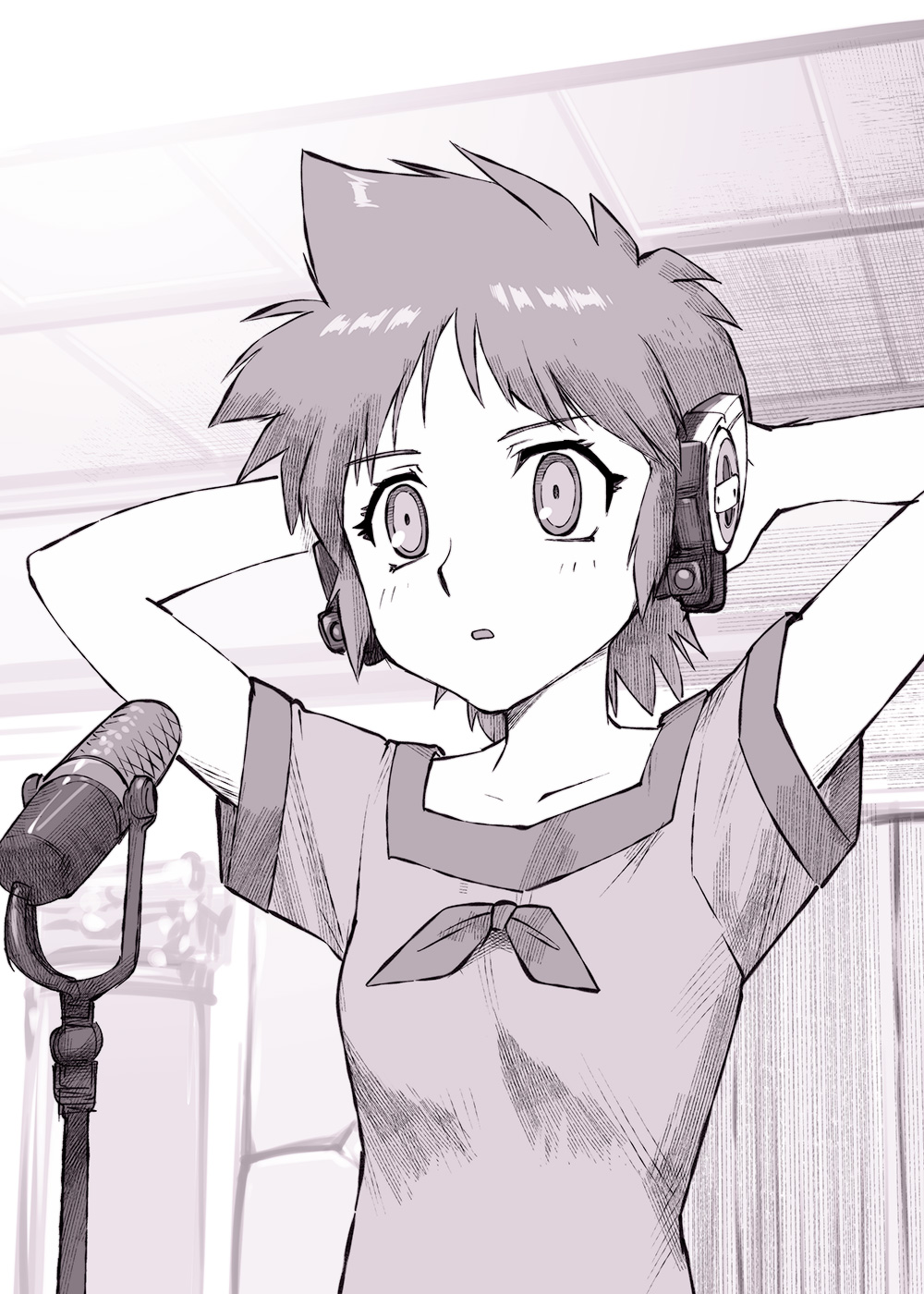 1girl, :o, arm_up, arms_behind_head, bow, crossover, dress, highres