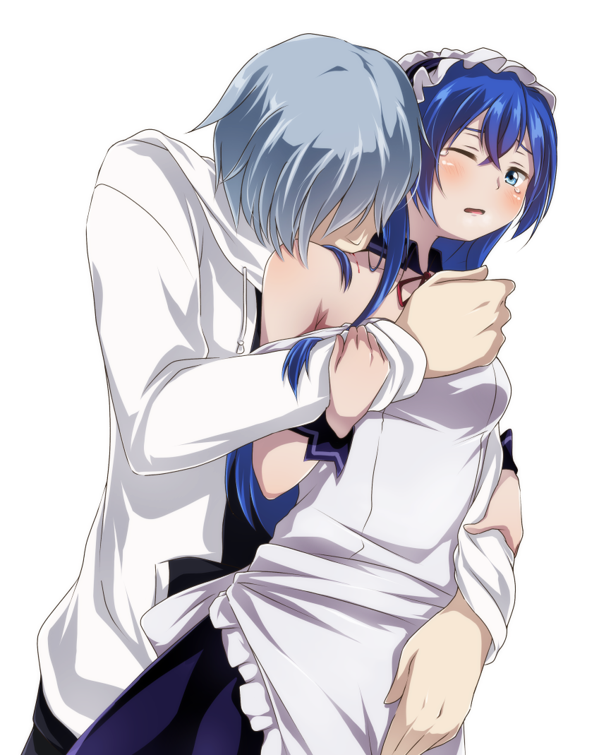 1boy, 1girl, akatsuki_kojou, apron, astarte_(strike_the_blood), blue_eyes, blue_hair, blue_skirt