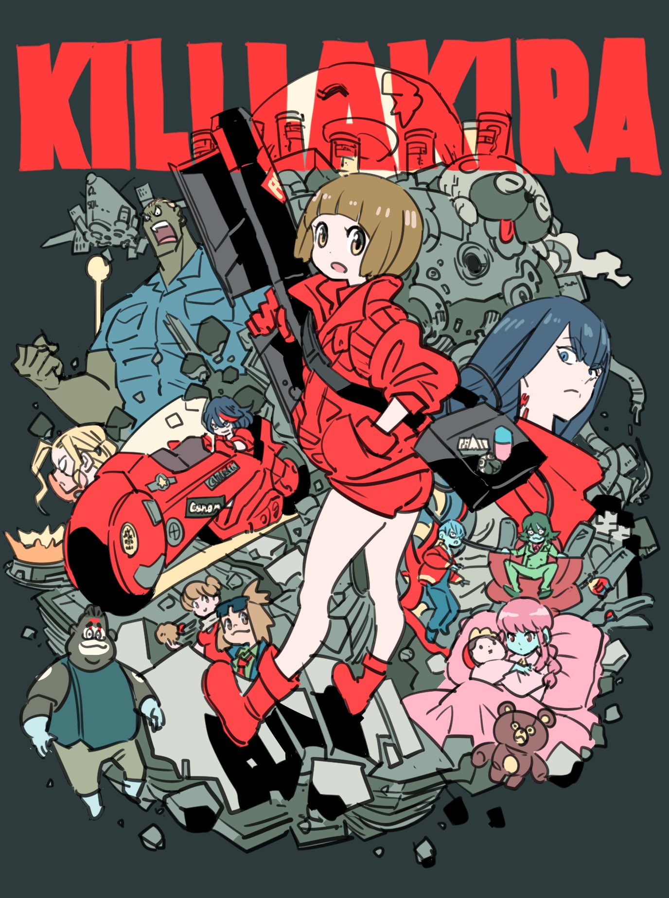 6+boys, 6+girls, akira, bag, bangs, blue_skin, blue_skirt, blunt_bangs, boots, braid, brown_eyes, brown_hair, dark_skin, full_body, gamagoori_ira, gun, guts_(kill_la_kill), hand_in_pocket, highres, holding, holding_gun, holding_weapon, inumuta_houka, iori_shirou, jacket, jakuzure_nonon, kill_la_kill, kiryuuin_satsuki, long_hair, long_sleeves, looking_at_viewer, mankanshoku_barazou, mankanshoku_mako, mankanshoku_matarou, mankanshoku_sukuyo, matoi_ryuuko, multiple_boys, multiple_girls, muscle, open_mouth, puffy_long_sleeves, puffy_sleeves, red_footwear, red_jacket, red_shorts, ryosuketarou, sanageyama_uzu, short_hair, short_sleeves, shorts, shoulder_bag, skirt, stuffed_animal, stuffed_toy, swept_bangs, teddy_bear, weapon