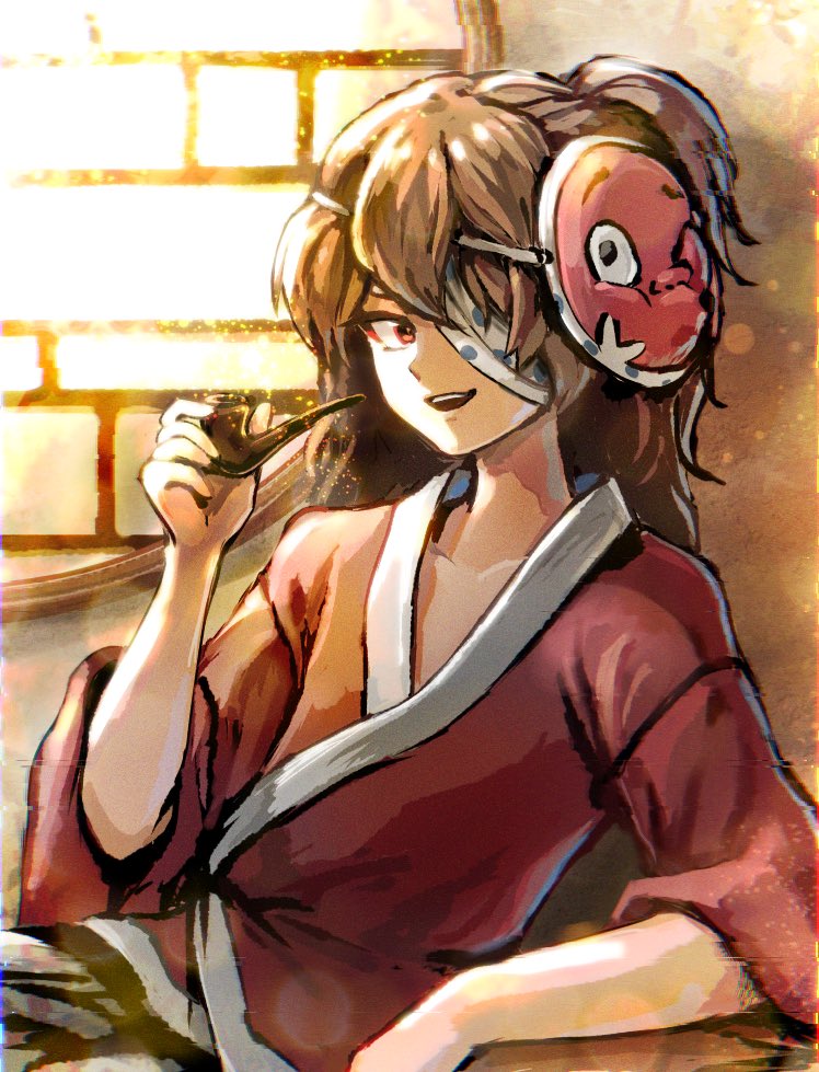 1other, ametsukana_yago, androgynous, bandage_over_one_eye, brown_eyes, brown_hair, cyclops, hakama_skirt