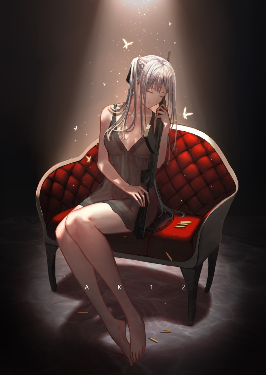 1girl, absurdres, ak-12, ak-12_(girls_frontline), black_chemise, breasts, bullet, chair