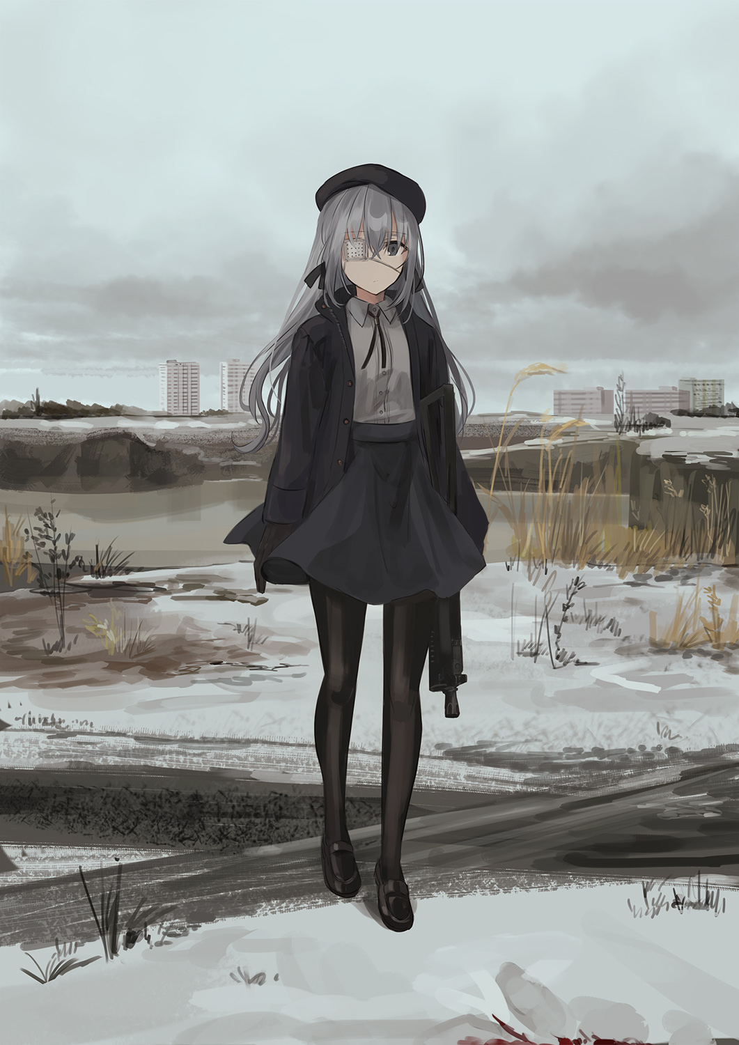 1girl, bangs, beret, black_footwear, black_gloves, black_headwear, black_jacket, black_legwear