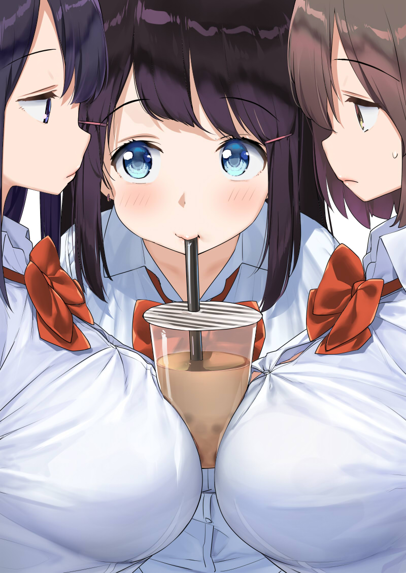 3girls, bangs, black_hair, blue_eyes, blush, bow, bowtie, breasts, brown_hair, bubble_tea, bubble_tea_challenge, cheating_(competitive), collared_shirt, cup, disposable_cup, drink, drinking, drinking_straw, earrings, eyebrows_visible_through_hair, grey_eyes, hair_between_eyes, hair_ornament, hairclip, jewelry, kaisen_chuui, large_breasts, long_hair, looking_at_viewer, multiple_girls, object_on_breast, original, purple_hair, red_neckwear, school_uniform, shirt, short_hair, sidelocks, simple_background, sweatdrop, white_background