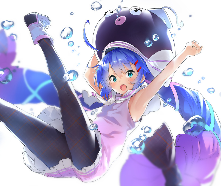 1girl, ahoge, bangs, black_legwear, blue_eyes, blue_hair, blur, blush