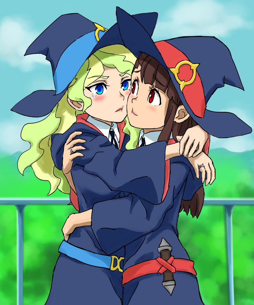 2girls, a50926123, absurdres, black_ribbon, blue_eyes, blue_sash, blush, brown_hair