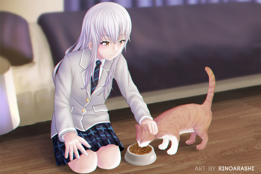 1girl, absurdres, animal, bang_dream!, bedroom, bowl, brown_eyes, cat