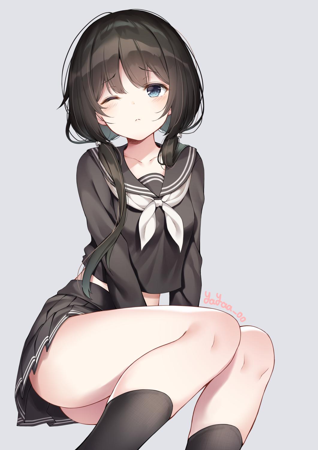 1girl, ass, black_hair, black_legwear, black_sailor_collar, black_serafuku, black_shirt, black_skirt