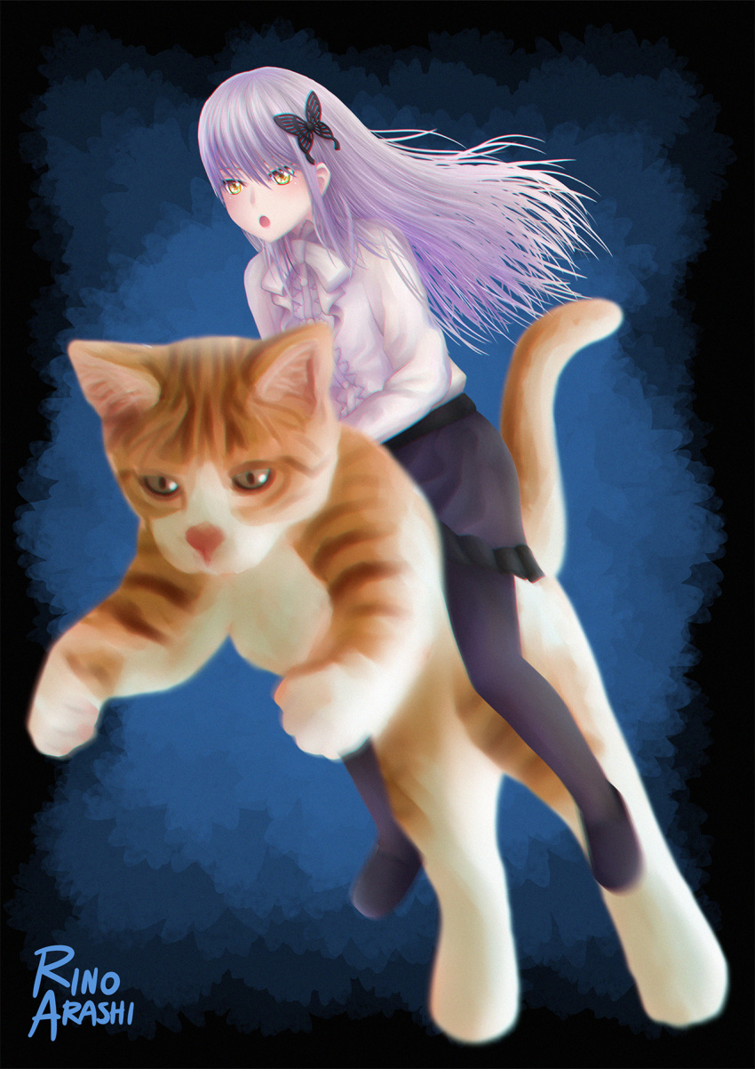 1girl, animal, artist_name, bang_dream!, black_skirt, butterfly_hair_ornament, cat, dark_background