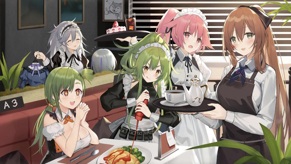 6+girls, alternate_costume, apron, broccoli, brown_hair, cake, closed_eyes, contender_(girls_frontline)
