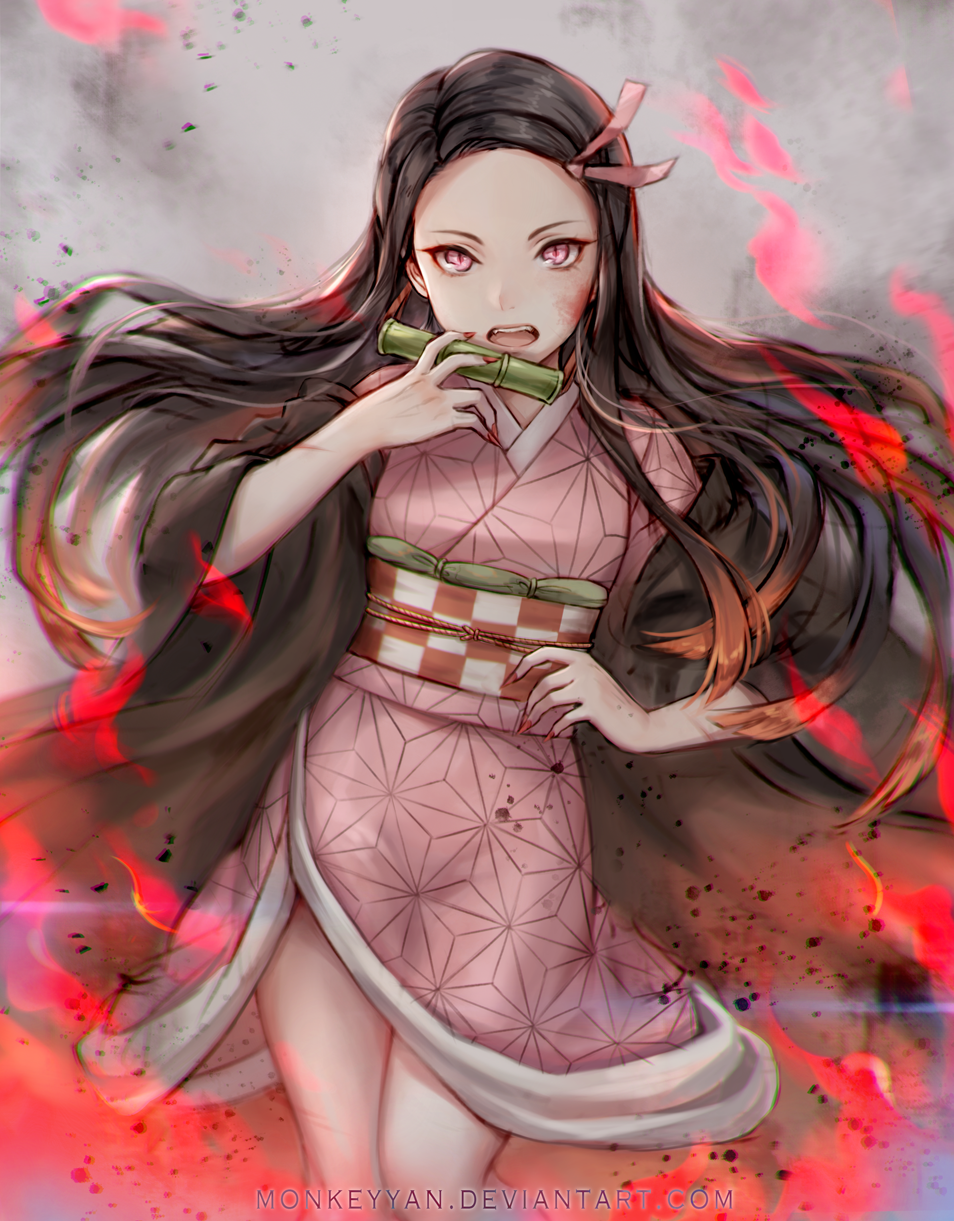 1girl, bamboo, bit_gag, black_cloak, black_hair, blood, blood_on_face, checkered_obi