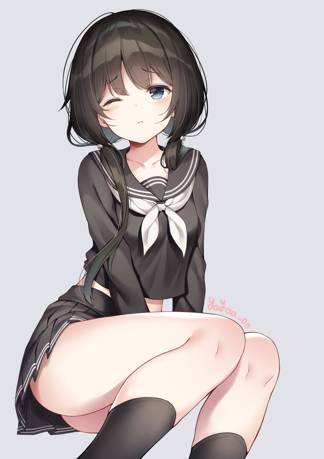 1girl, ass, black_hair, black_legwear, black_sailor_collar, black_serafuku, black_shirt, black_skirt