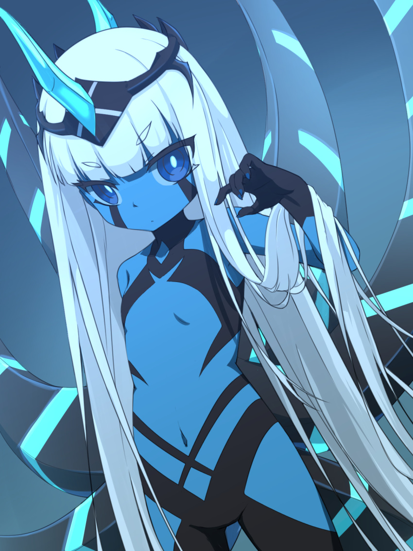 001_(darling_in_the_franxx), 1girl, bangs, blue_eyes, blue_horns, blue_nails, blue_skin, blunt_bangs