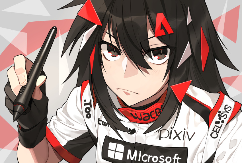 1boy, absurdres, adobe, black_eyes, black_hair, blush, eyebrows_visible_through_hair, fingerless_gloves