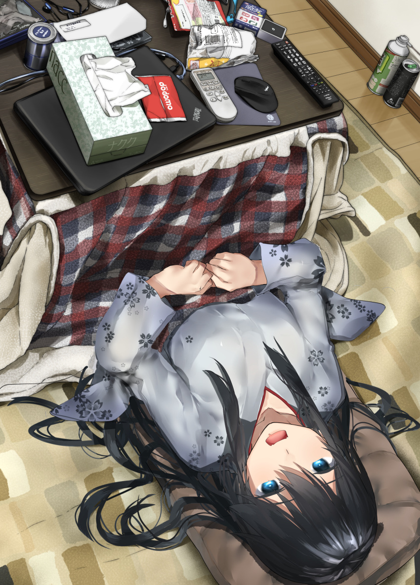 1girl, araido_kagiri, black_hair, blue_eyes, can, clutter, commentary_request, computer