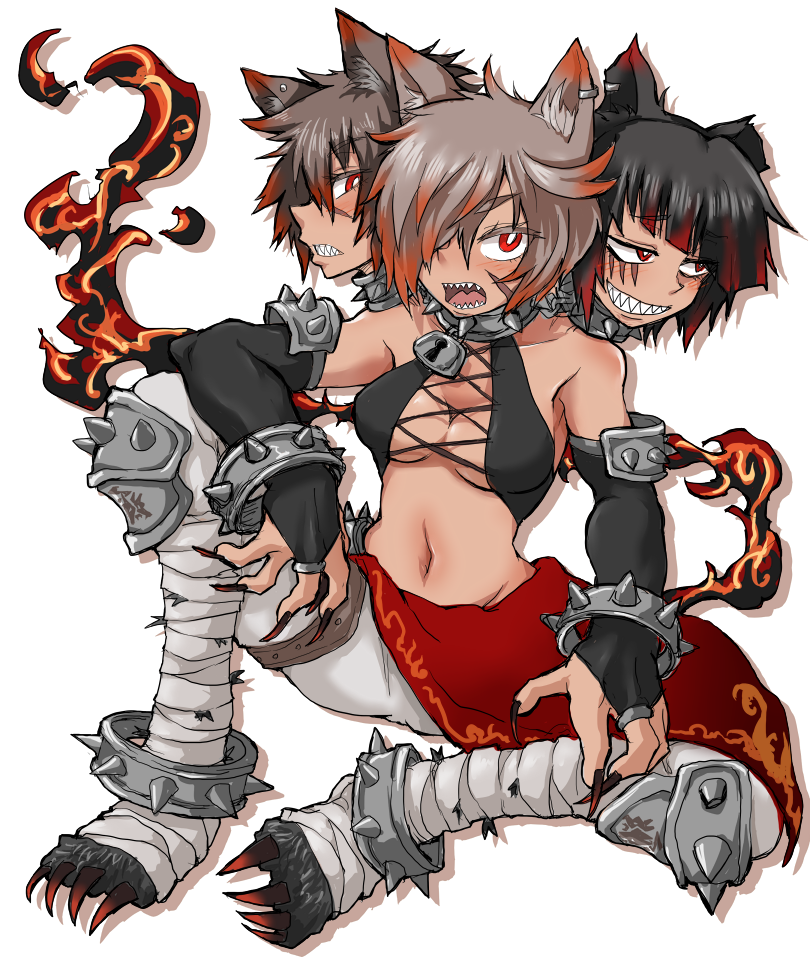 1girl, animal_ears, bare_shoulders, black_hair, bracelet, bridal_gauntlets, brown_hair, cerberus