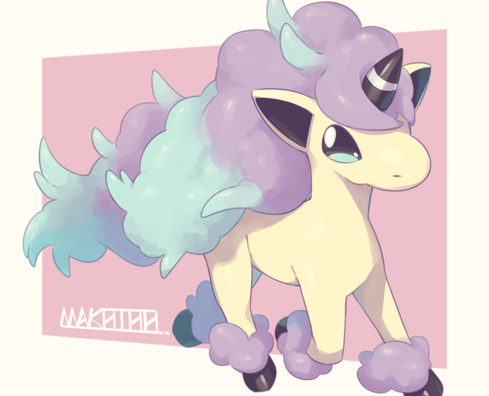 artist_name, blue_eyes, commentary_request, full_body, galarian_ponyta, gen_1_pokemon, horn, looking_at_viewer, makotou, mane, no_humans, pink_background, pokemon, pokemon_(creature), pokemon_(game), pokemon_swsh, pony, unicorn