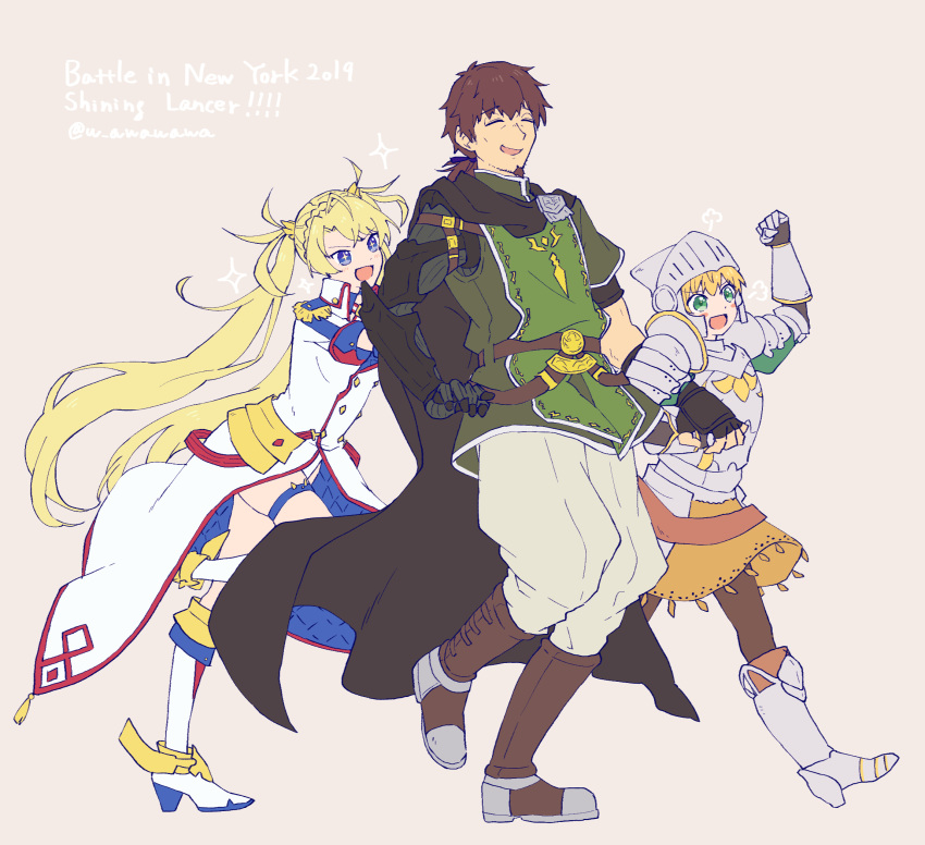 1boy, 2girls, armor, blonde_hair, blue_eyes, boots, bradamante_(fate/grand_order), brown_hair, cape, english_text, epaulettes, facial_hair, fate/grand_order, fate_(series), full_armor, gareth_(fate/grand_order), goatee, green_eyes, hector_(fate/grand_order), highres, long_coat, multiple_girls, pushing, sparkling_eyes, twintails, twitter_username, waka_(978-4)