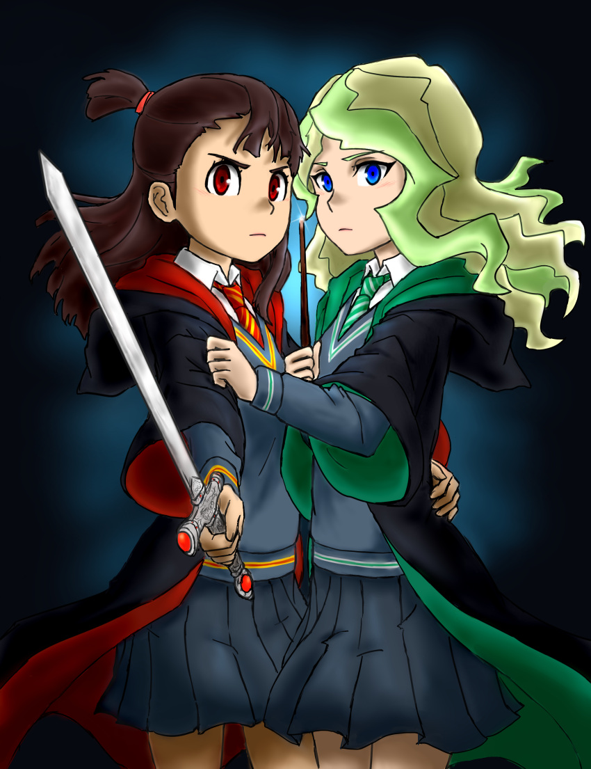 a50926123, absurdres, blue_eyes, brown_hair, couple, diana_cavendish, green_neckwear, gryffindor