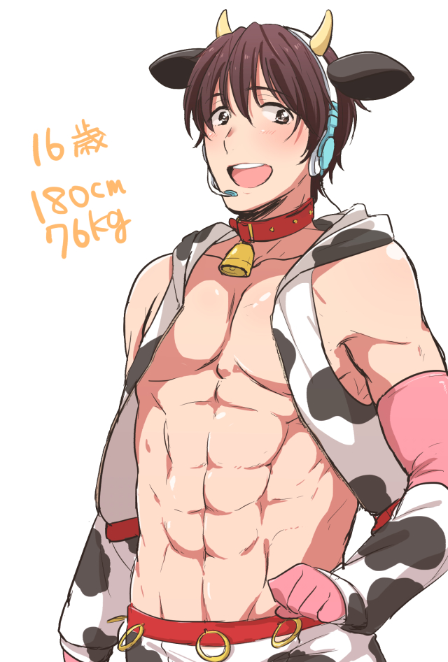 1boy, abs, animal_print, bell, bell_collar, clenched_hand, collar, cow_horns, cow_print, genderswap, genderswap_(ftm), gloves, hood, hood_down, hoodie, horns, idolmaster, idolmaster_cinderella_girls, james_(artist), looking_at_viewer, oikawa_shizuku, open_clothes, open_hoodie, open_mouth, shirtless, simple_background, sleeveless, sleeveless_hoodie, white_background
