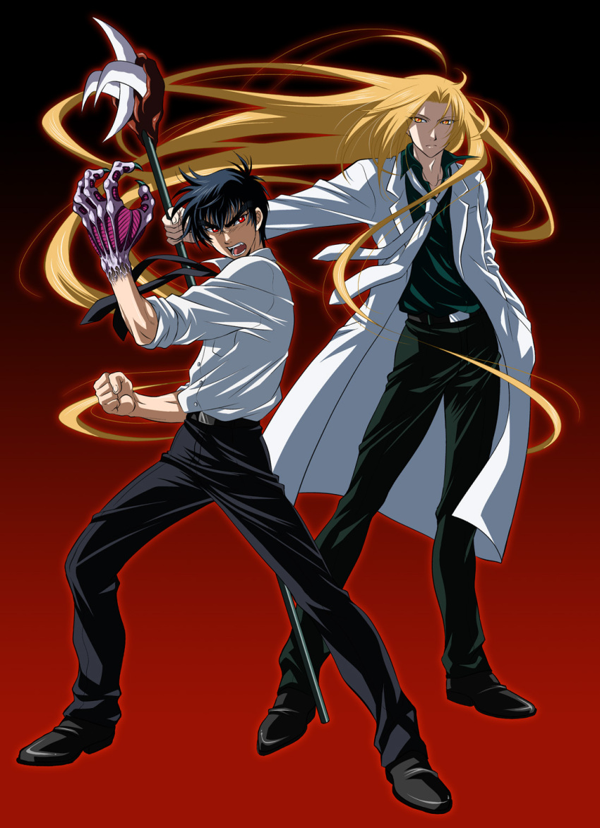 2boys, black_footwear, black_hair, black_neckwear, black_pants, blonde_hair, claws, expressionless