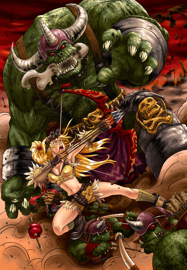 bow, bow_(weapon), helm, helmet, long_hair, monster, orc, orc_lord