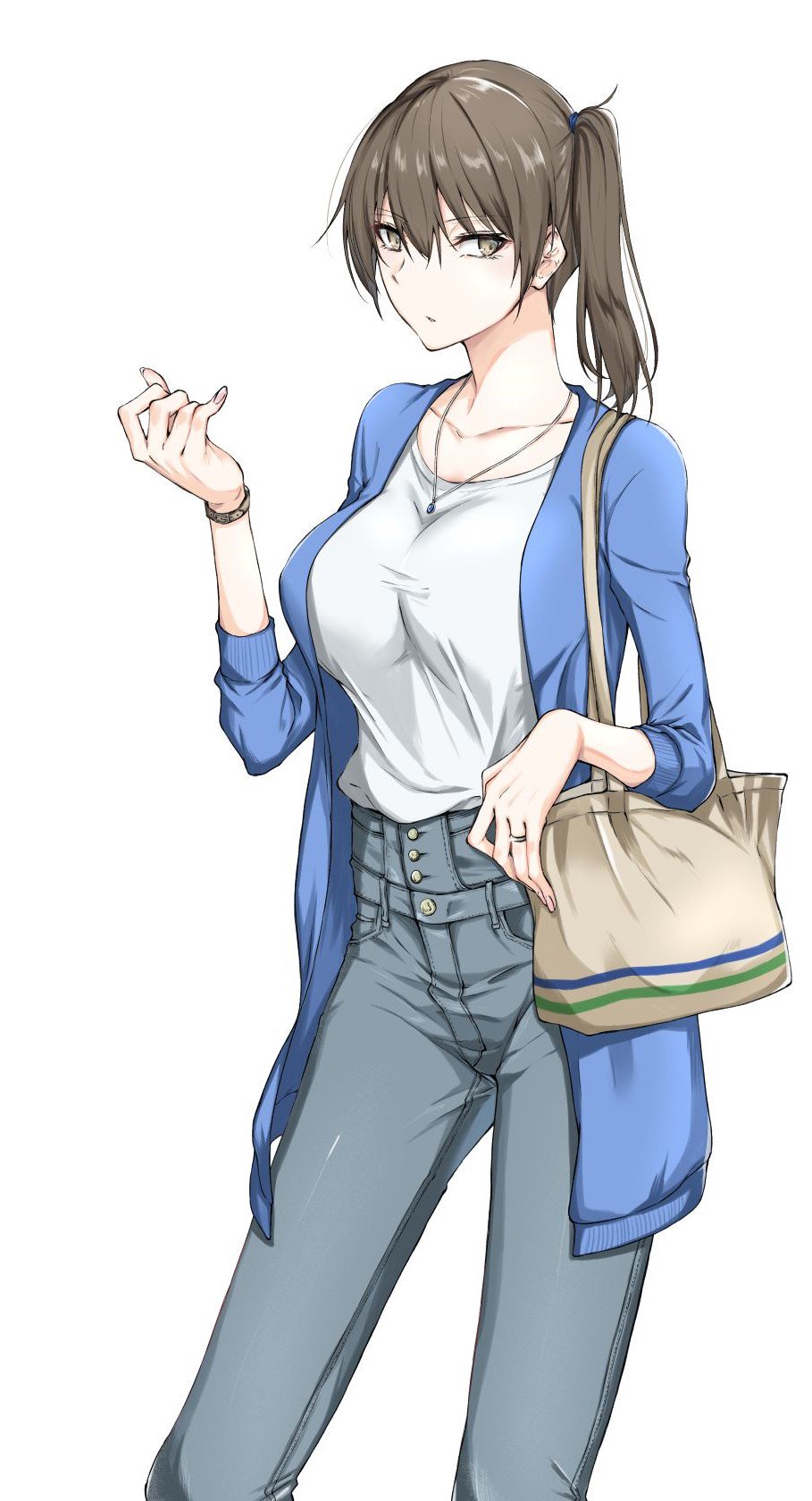 1girl, alternate_costume, bag, batabata0015, brown_eyes, brown_hair, casual, collarbone