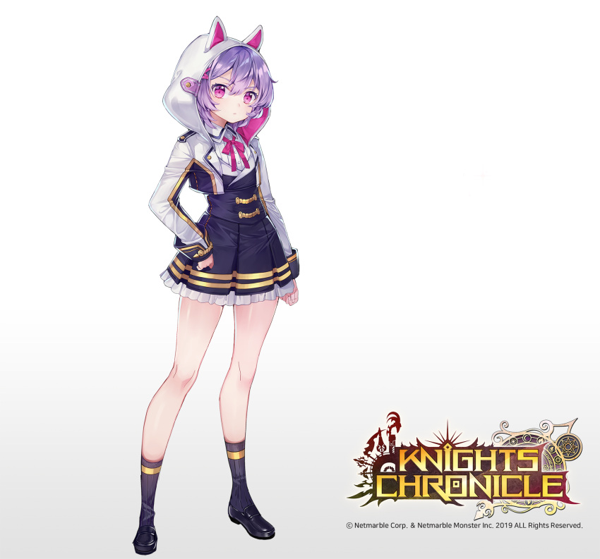 1girl, adcd, animal_hood, bow, bowtie, cat_hood, copyright_name, full_body
