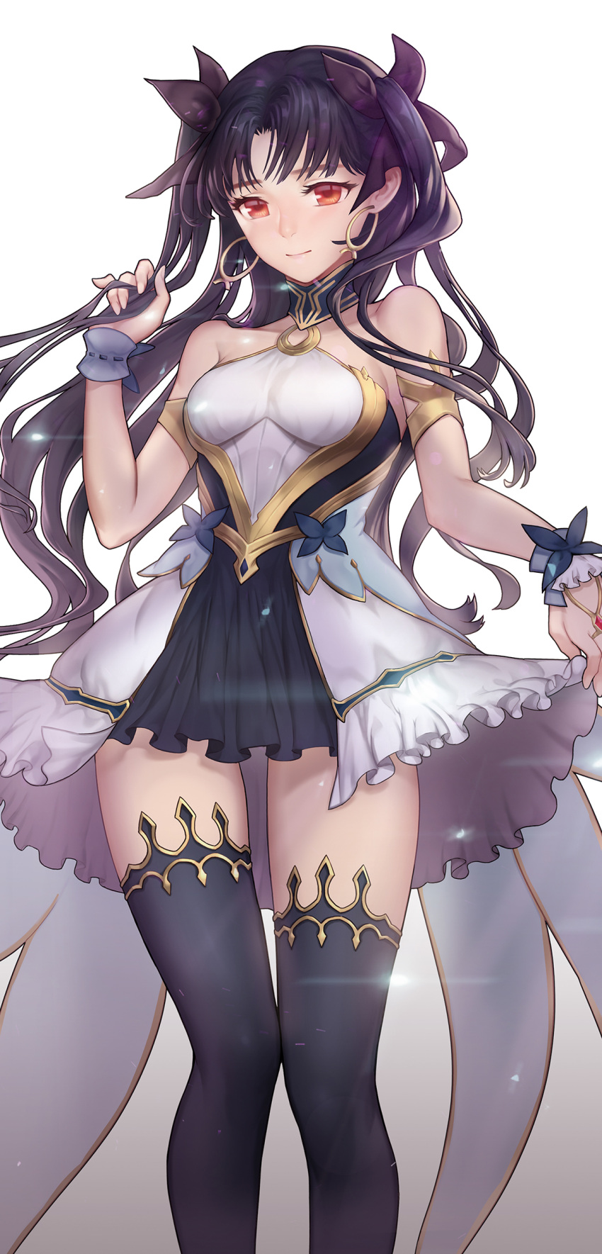 1girl, absurdres, bangs, bare_shoulders, black_hair, black_ribbon, dress, earrings