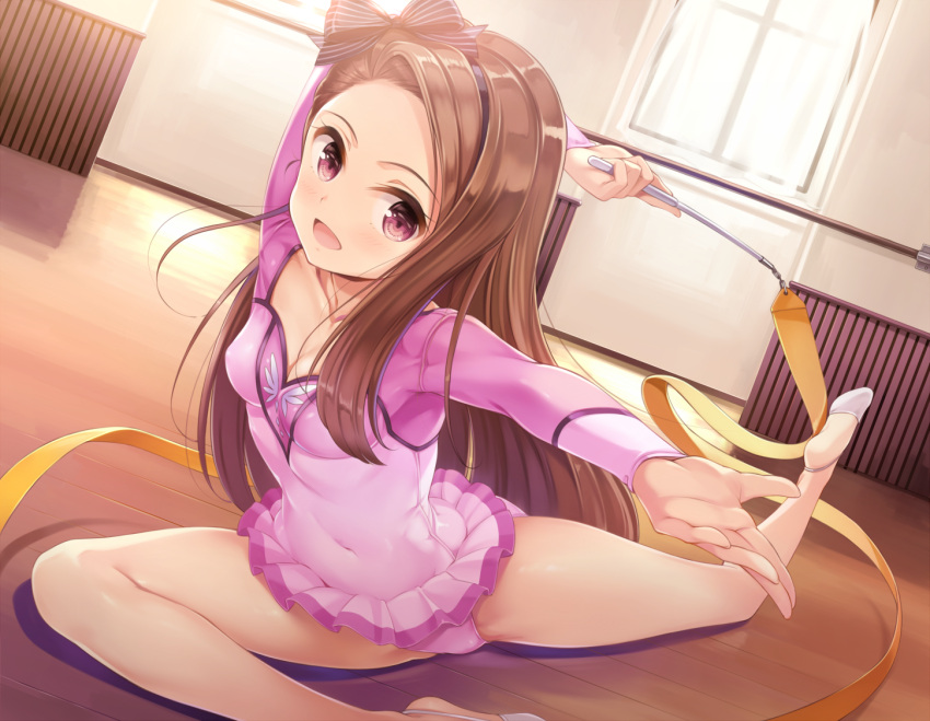 1girl, arm_behind_head, ballet, black_headwear, brown_hair, collarbone, commentary_request, covered_navel, curtains, dutch_angle, gymnast_leotard, gymnastics, hair_over_shoulder, hairband, half-soles, idolmaster, indoors, leaning_forward, leotard, long_hair, long_sleeves, looking_at_viewer, minase_iori, navel, outstretched_arm, pink_leotard, plantar_flexion, reaching_out, rhythmic_gymnastics, ribbon, ribbon_baton, shiny, shiny_hair, spread_legs, sunlight, thighs, violet_eyes, window, wooden_floor, yokaze_japan