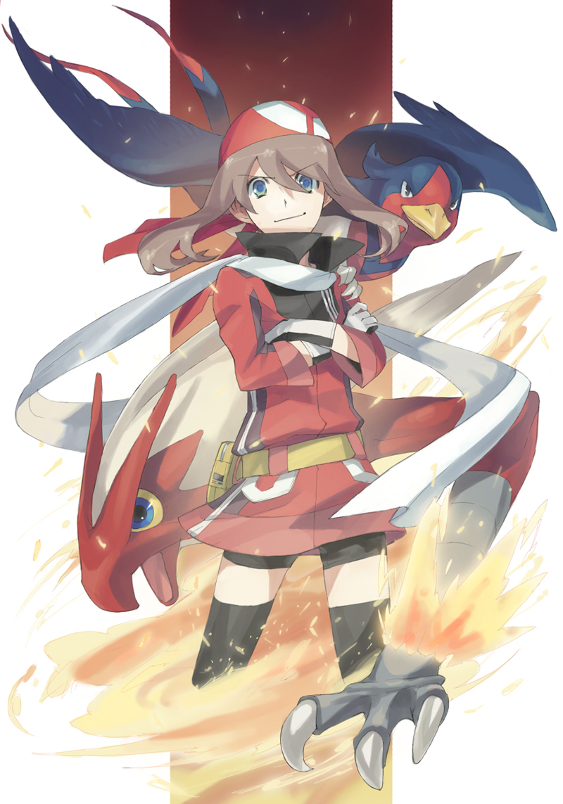 1girl, bad_id, bandana, blaziken, blue_eyes, brown_hair, crossed_arms, epic