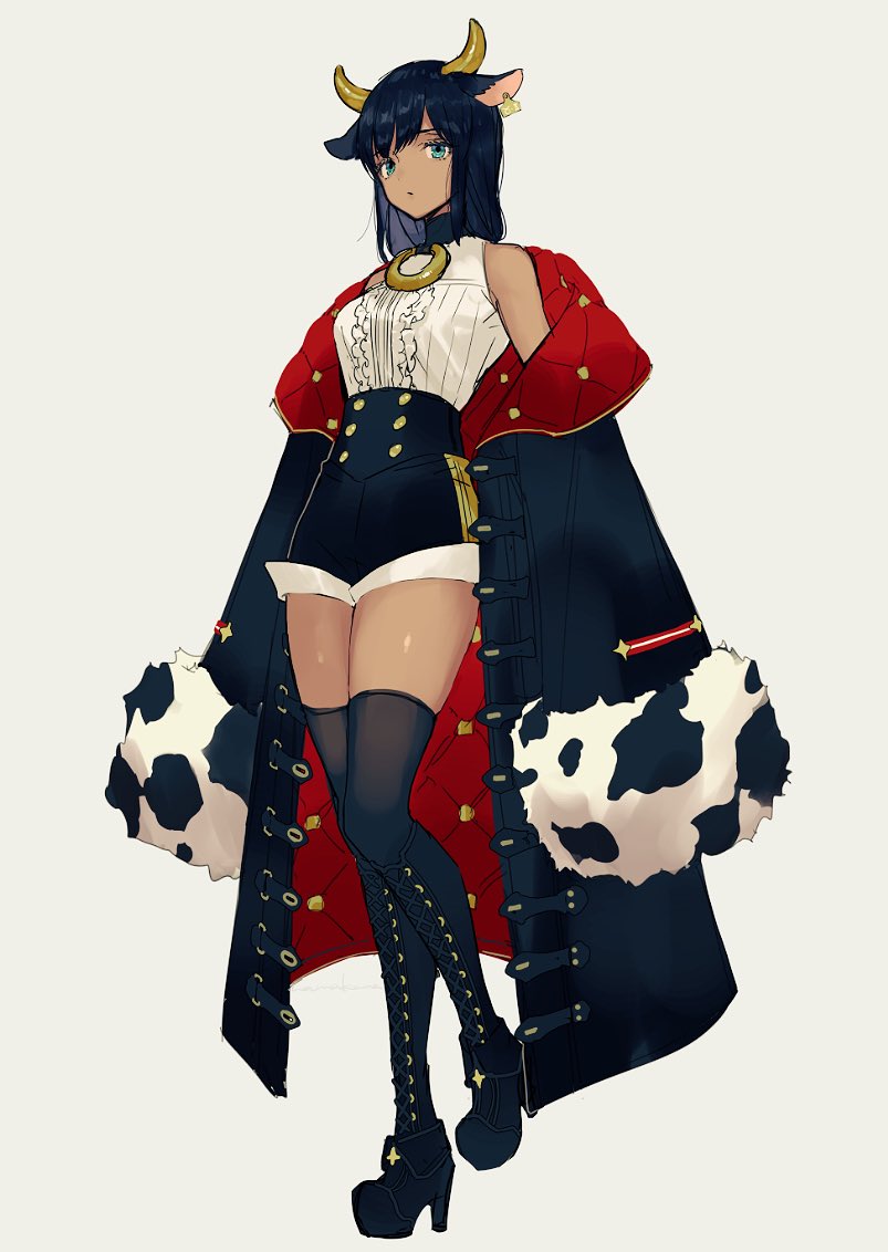 1girl, animal_ears, bangs, black_footwear, black_shorts, blue_eyes, boots, breasts