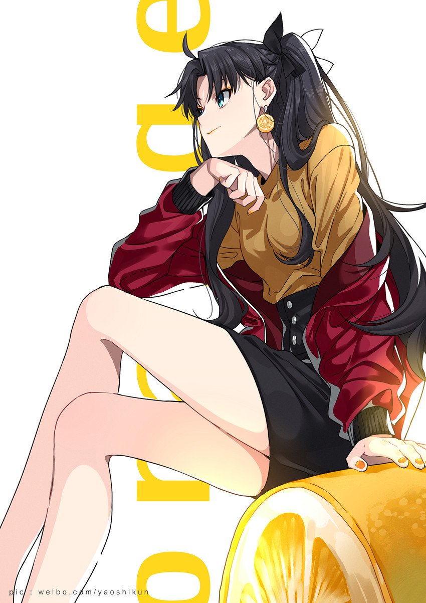 1girl, bangs, black_hair, black_skirt, blue_eyes, crossed_legs, earrings, english_text