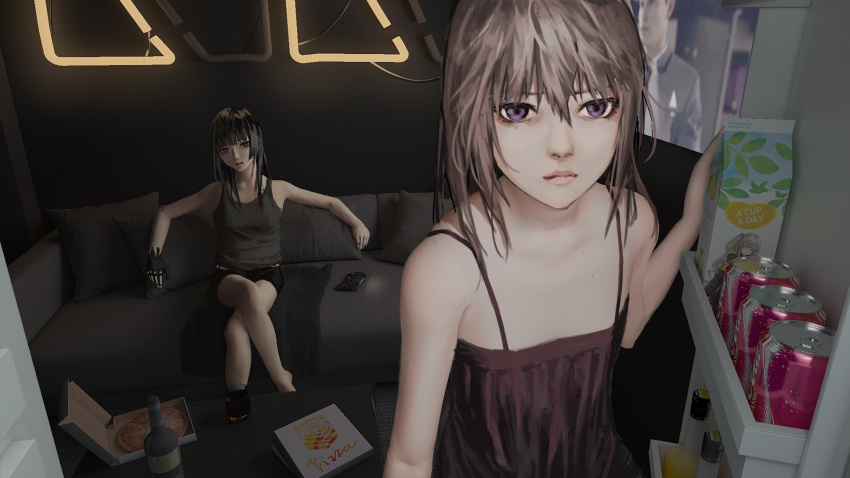 2girls, bare_shoulders, black_eyes, black_hair, blue_eyes, bottle, chinese_commentary, couch