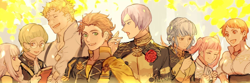 4boys, 4girls, blonde_hair, blue_hair, book, braid, brown_eyes, brown_hair, claude_von_riegan, closed_eyes, closed_mouth, crown_braid, dark_skin, dark_skinned_male, earrings, fire_emblem, fire_emblem:_three_houses, from_side, garreg_mach_monastery_uniform, glasses, green_eyes, green_hair, highres, hilda_valentine_goneril, holding, holding_book, ignatz_victor, jewelry, ky0xzjfm, leonie_pinelli, long_hair, long_sleeves, lorenz_hellman_gloucester, lysithea_von_ordelia, marianne_von_edmund, multiple_boys, multiple_girls, open_mouth, orange_eyes, orange_hair, pink_eyes, pink_hair, purple_hair, raphael_kirsten, short_hair, smile, twintails, twitter_username, uniform, upper_body, violet_eyes, white_hair