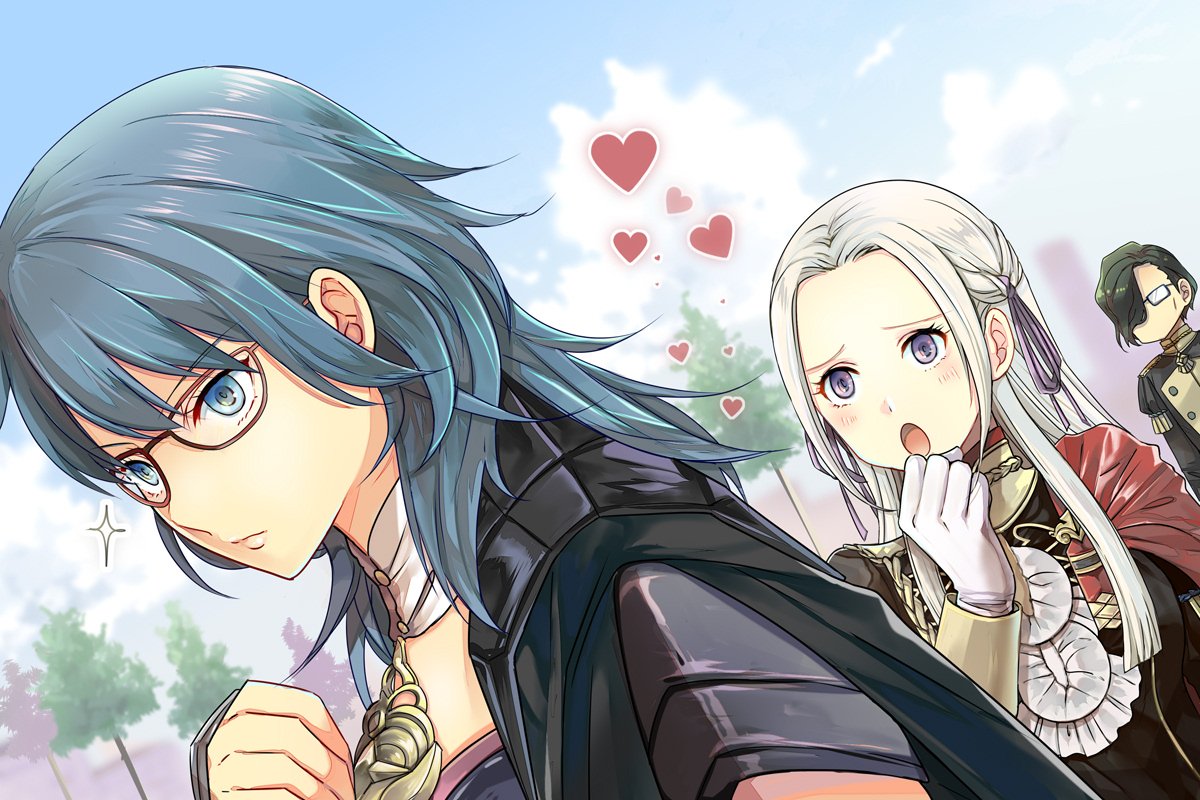 1boy, 2girls, anzk232, black_hair, blonde_hair, blue_eyes, blue_hair, blue_sky