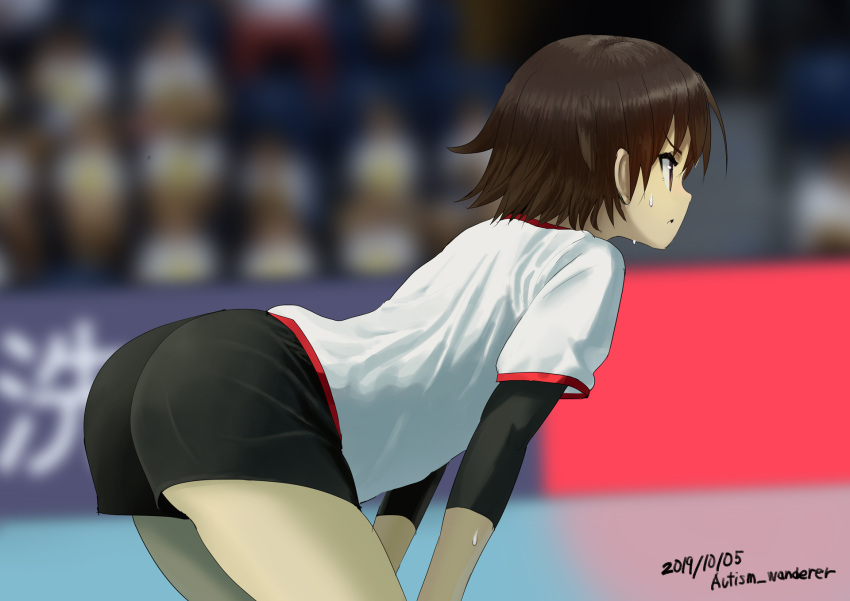 1girl, artist_name, ass, autism_wanderer, bent_over, black_shorts, blush, brown_eyes