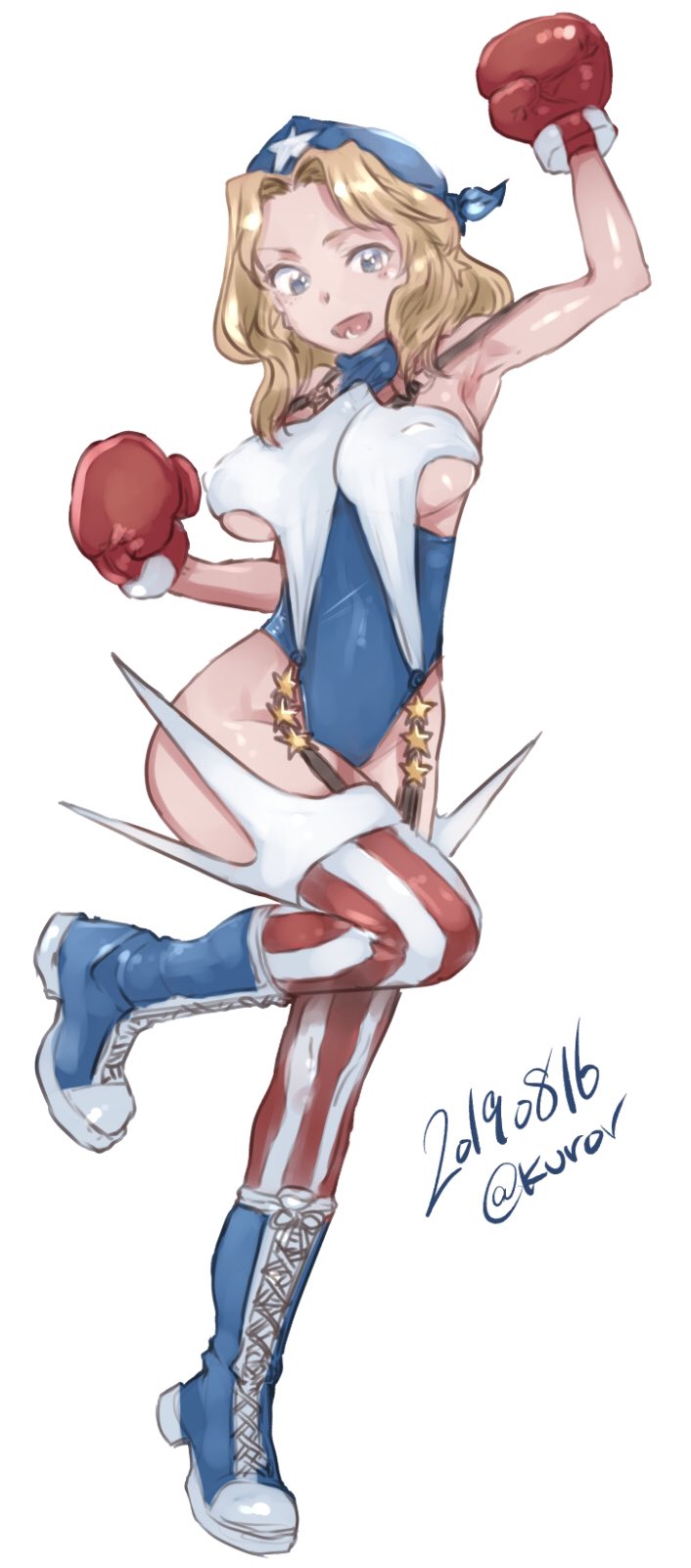 1girl, abaratani_kurou, arm_up, armpits, bandana, blonde_hair, blue_bandana, blue_eyes, blue_footwear, blue_leotard, boxing_gloves, breasts, commentary, cosplay, cross-laced_footwear, dated, full_body, garter_straps, girls_und_panzer, hair_intakes, halterneck, head_tilt, highres, kay_(girls_und_panzer), large_breasts, leg_up, legs, leotard, long_hair, looking_at_viewer, open_mouth, red_legwear, rival_schools, simple_background, smile, solo, standing, standing_on_one_leg, star, striped, striped_legwear, tiffany_lords, tiffany_lords_(cosplay), twitter_username, vertical-striped_legwear, vertical_stripes, white_background