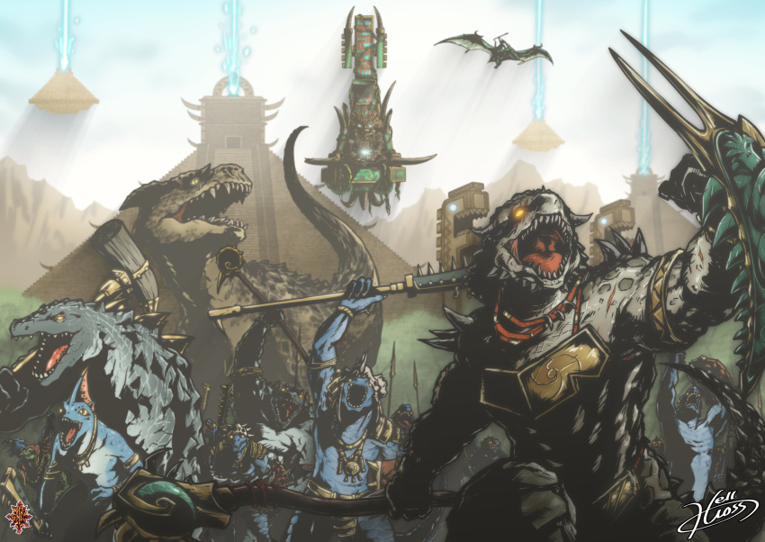 6+boys, absurdres, albino, artist_name, aztec, beam, blue_scales, carnosaur, cheering, club, crocodilian, day, dinosaur, floating, floating_object, glowing, glowing_eyes, gor-rok, hellcross_(dkrejd2000), highres, kroxigor, lizardman, lizardman_(warhammer_fantasy), lord_kroak, mace, mace_of_ulumak, macuahuitl, multiple_boys, muscle, open_mouth, outdoors, prehistoric_animal, pterosaur, pyramid, roaring, saurus, scales, scar, sharp_teeth, shield, shield_of_aeons, skink, slann, spiked_club, spiked_shield, spikes, teeth, temple, terradon, total_war, total_war:_warhammer, total_war:_warhammer_2, warhammer_fantasy, weapon, white_scales, yellow_eyes