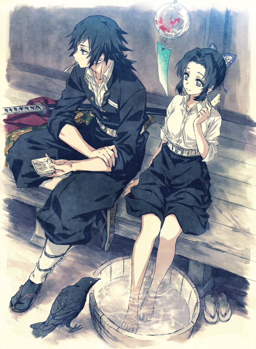 alternate_costume, bangs, barefoot, bird, blue_butterfly, butterfly_hair_ornament, checkered_obi, crow, dress, food, hair_ornament, haori, highres, ice_cream, japanese_clothes, katana, kimetsu_no_yaiba, kochou_shinobu, magu_(a325934), parted_bangs, sandals, sword, tomioka_giyuu, uniform, veranda, washing, weapon, wind_chime