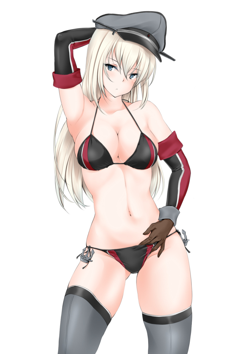 1girl, anchor, armpits, bikini, bismarck_(kantai_collection), black_bikini, blonde_hair, blue_eyes