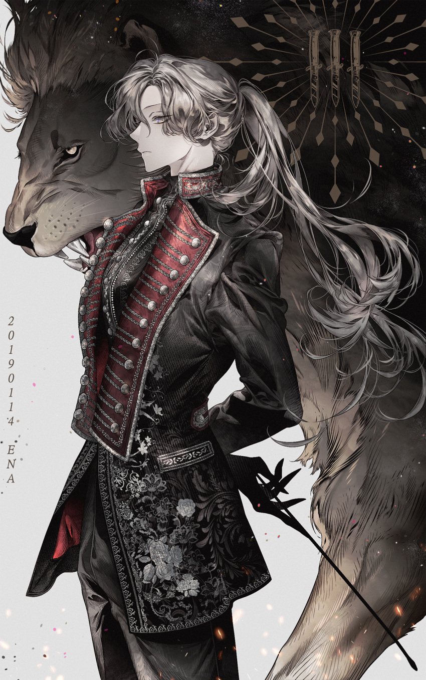 1girl, animal, arms_behind_back, black_gloves, black_pants, brown_hair, closed_mouth, collar